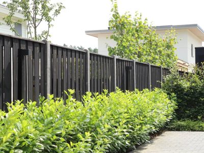 Zwart grenen schutting met premium wit grijze betonpaal